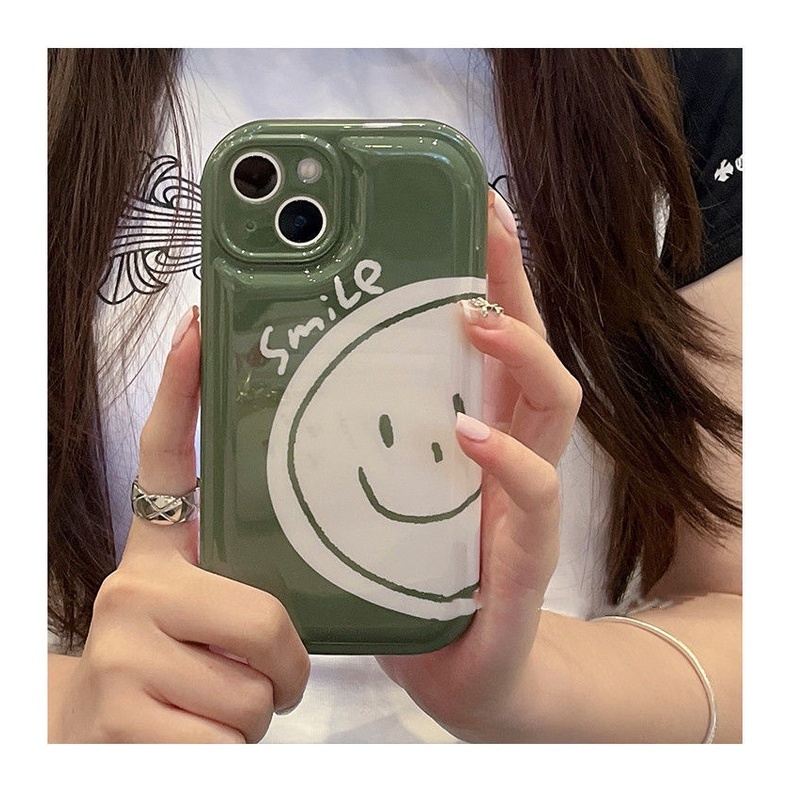 Case Desain Smiling Face Warna Hijau Rumput Untuk IPhone 12 13 11 Pro Max X Xs Max Xr