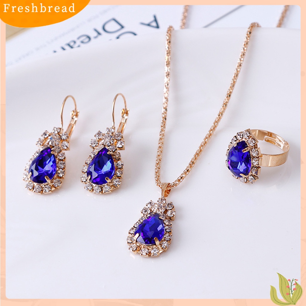 3pcs / Set Kalung Anting Cincin Liontin Water Drop Bahan Alloy Aksen Berlian Imitasi Untuk Wanita