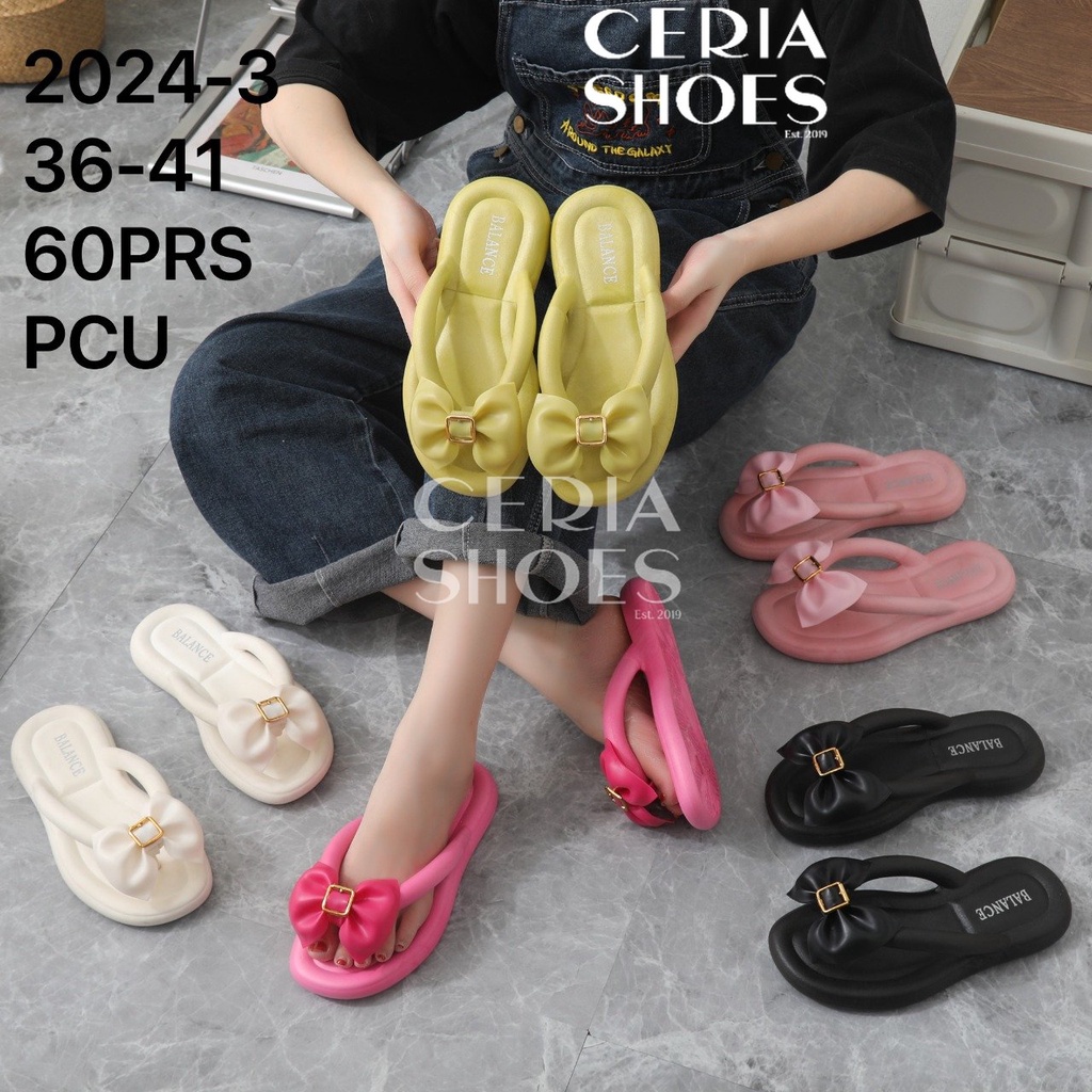 PVC BALANCE Sandal Jepit Wanita Import Karet Tali Bulat Rubber Elastic Motif Pita  Kupu Sol Non-Slip 2024-3