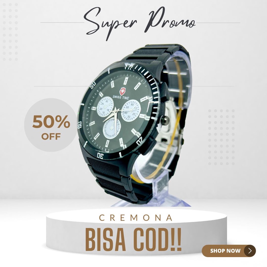 BISA COD! Jam Tangan Cowok Swiss Chrono Putih Rantai Termurah Mewah Berkualitas Elegan BONUS BATERAI CADANGAN!