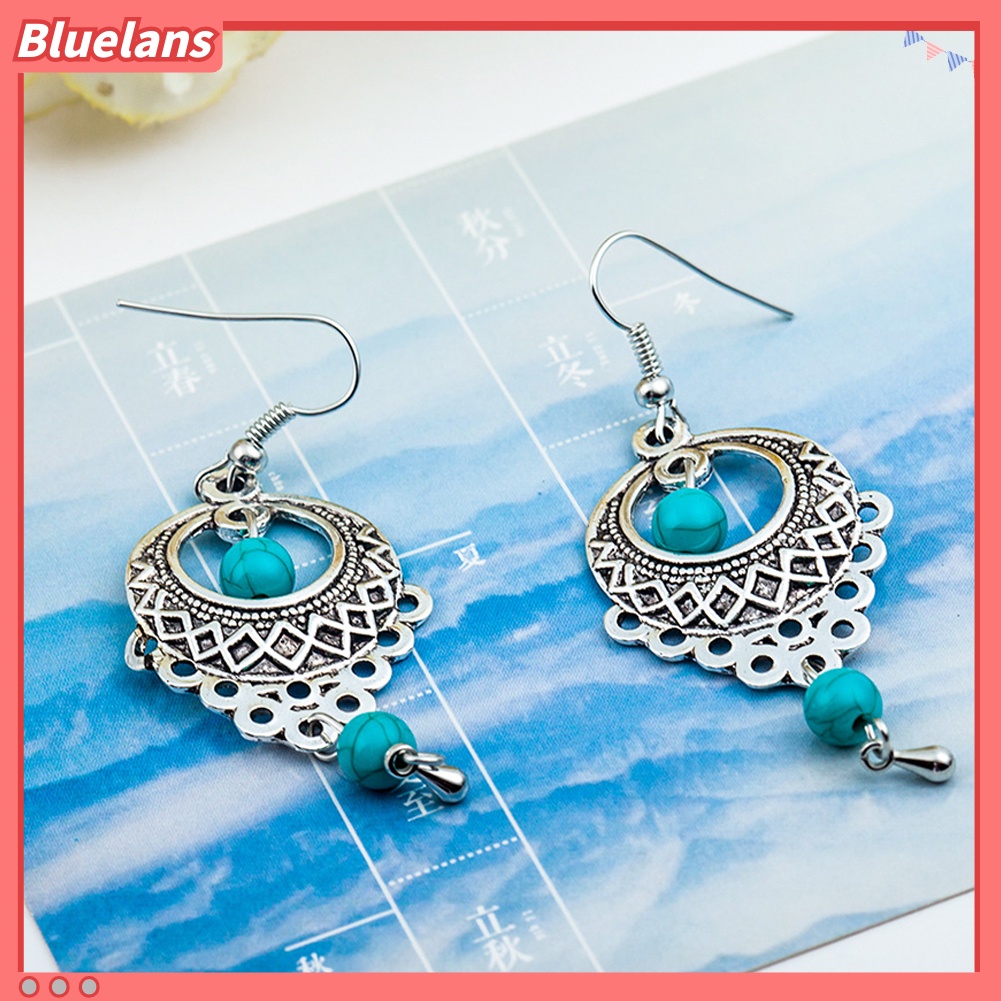 Bluelans Boho Women Turquoise Bead Dangle Hollow Charm Hook Earrings Wedding Jewelry