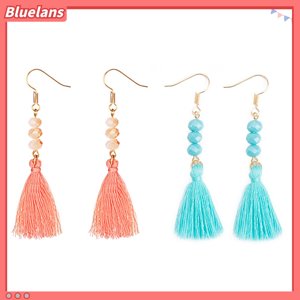 Anting Kait Gantung Panjang Manik-Manik Akrilik Aksen Rumbai Gaya Bohemian Untuk Wanita