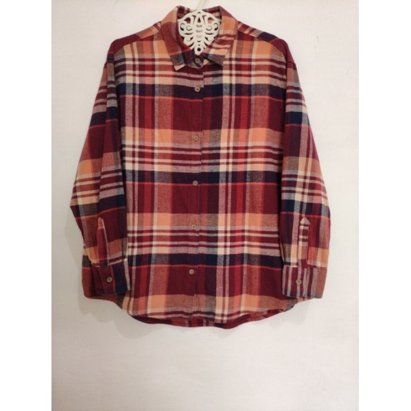 Kemeja Old Navy Cinnamon Plaid Shirt Brown Flanel Oversized Cewek Wanita