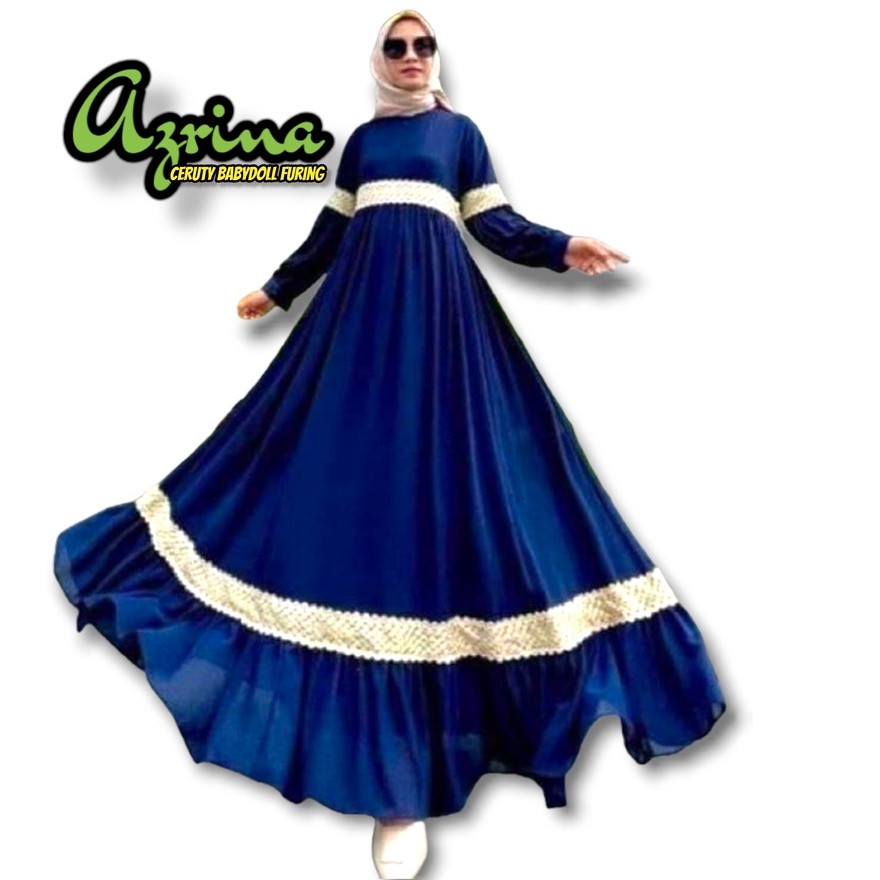 Baju Gamis Azrina Warna Biru Navy Dress Ceruty Jumbo Ukuran M-4XL Gamis Lebaran Model Terbaru 2022 K