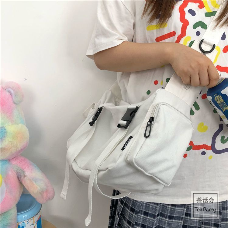 ▩❁Harajuku Jepang Dark Fan Energi Perkakas Tas Kanvas Wanita Korea All-Match Warna Solid Siswa Tas Messenger Satu Bahu