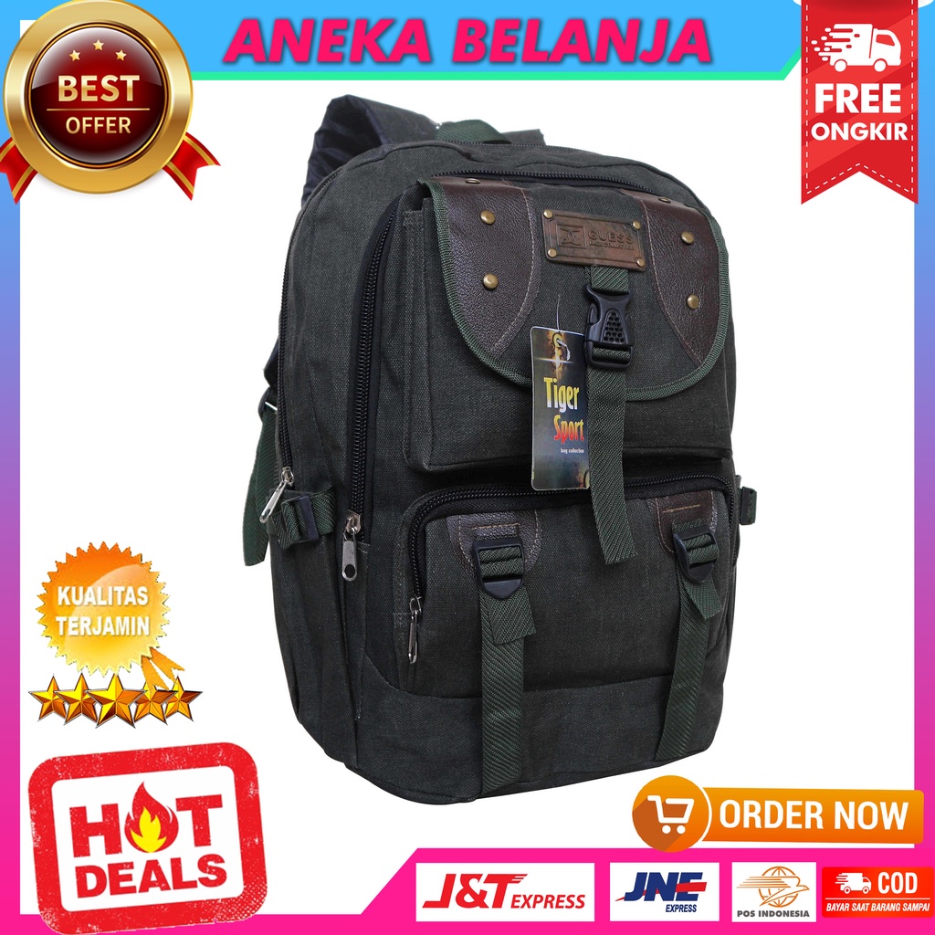 Tas Ransel Kanvas Guess Warna Hijau Desain Keren Backpack Travelling Hiking Camping Besar Bahan Tebal Berkualitas