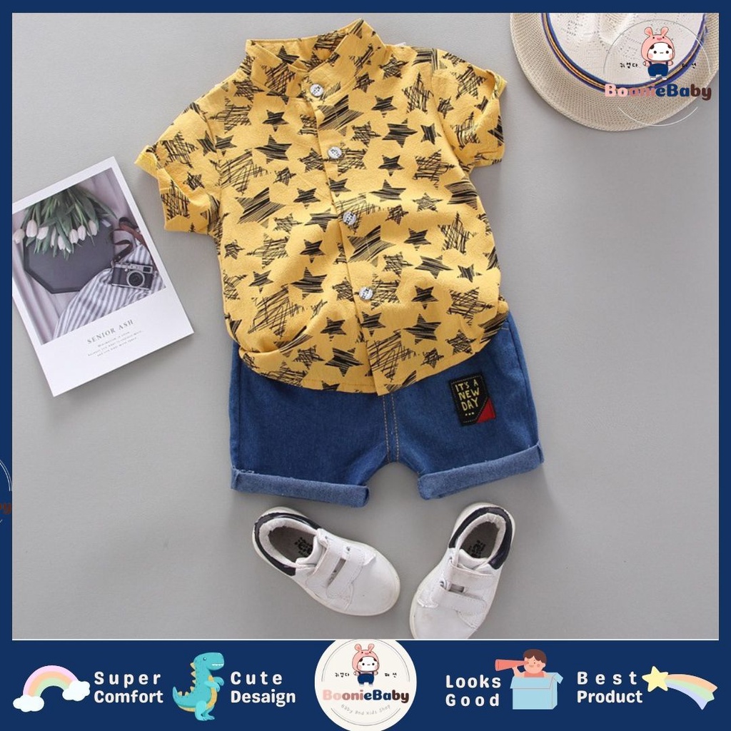 boonie SET KEMEJA BELGIAN STARS EBV Setelan Kemeja Bayi Laki-laki Lengan Pendek celana softdenim