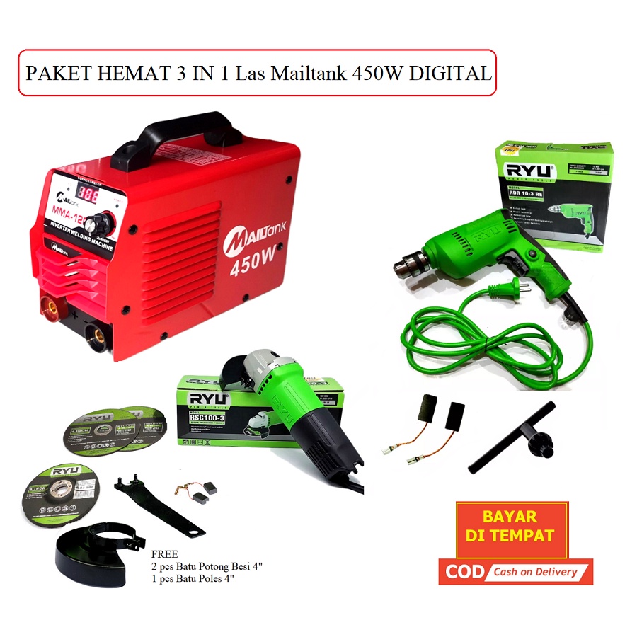 PAKET Hemat 3 ITEM Mesin Travo Las Listrik RII 120-2 450 watt Mesin Las 450 Watt RYU 120a Trafo Travo Las + Mesin Gerinda 4 inch RSG 100-3 + Bor Ryu 10 mm RDR 10-3 RE MURAH ORIGINAL BERGARANSI