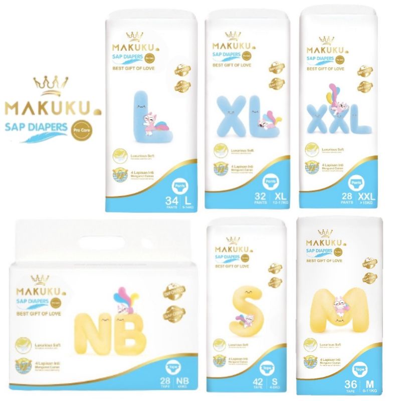 MAKUKU SAP Diapers Procare Tape NB28 S42 M36 Pants L34, XL32, XXL28 / Popok Bayi Premium