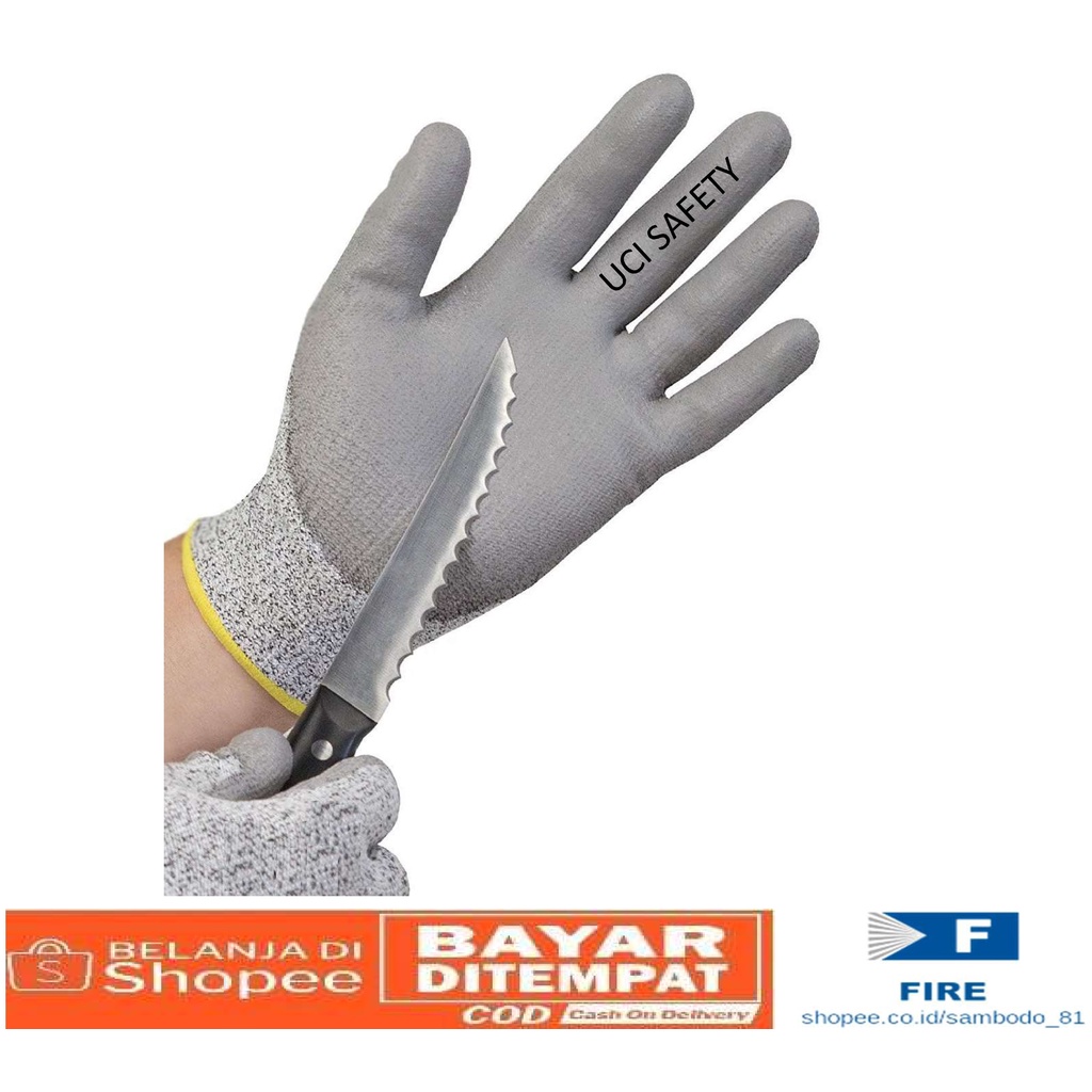 Coating Karet Anti Pisau Potong Hand Gloves Coating Karet Warna Abu Abu Sarung Tangan Safety Kerja Kawat Besi Baja Kaca Pabrik industri Ukuran M &amp; L Uci Safety Mekanik, Motor, Berkebun, Bengkel, Tukang