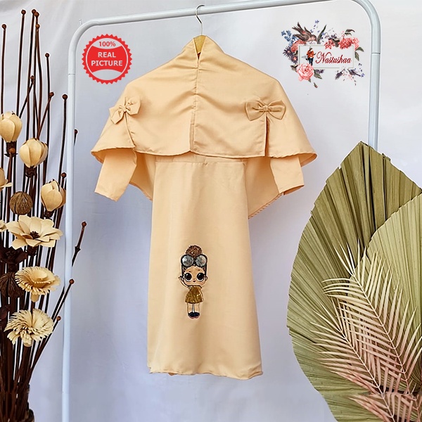Kids Gamis Anak Usia 3-5 Tahun LOL LED Bahan Balotelli Setelan Gamis Syari Bergo Pita Anak Perempuan Cantik Warna Cream