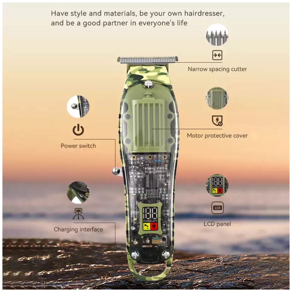 Alat Cukur Rambut Professional Hair Clipper Kemei Transparant Army LCD Digital KM 1926 KM 1928 KM TX7 Mesin Cukuran Full SET