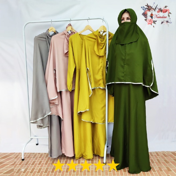 Set Gamis Syari Setelan Khimar Jumbo Syari Free Cadar Bahan Wollycrepe Fit to XXL Gamis Muslim Busui Friendly Good Quality