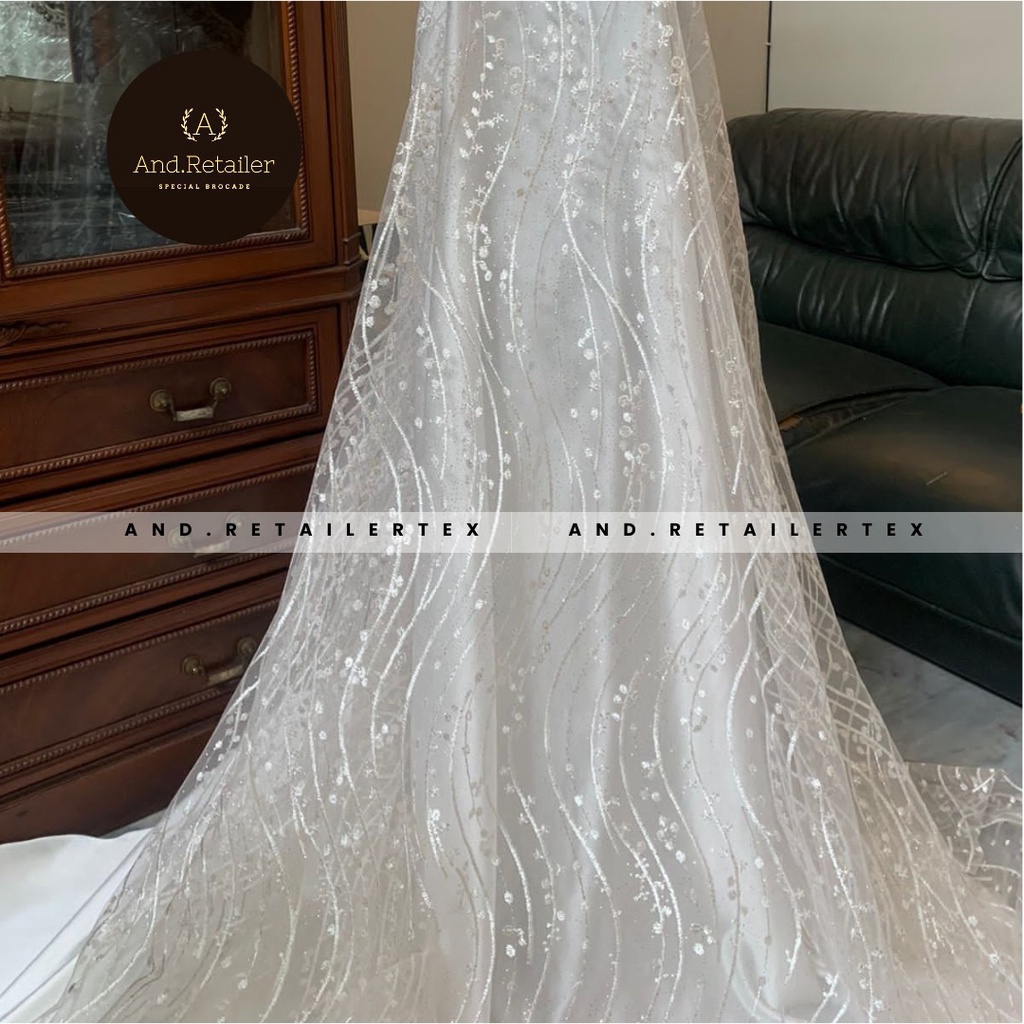 Kain Bahan Kebaya Brokat Tile Bordir Gloria Luxury New Edition Warna Broken White Putih Tulang