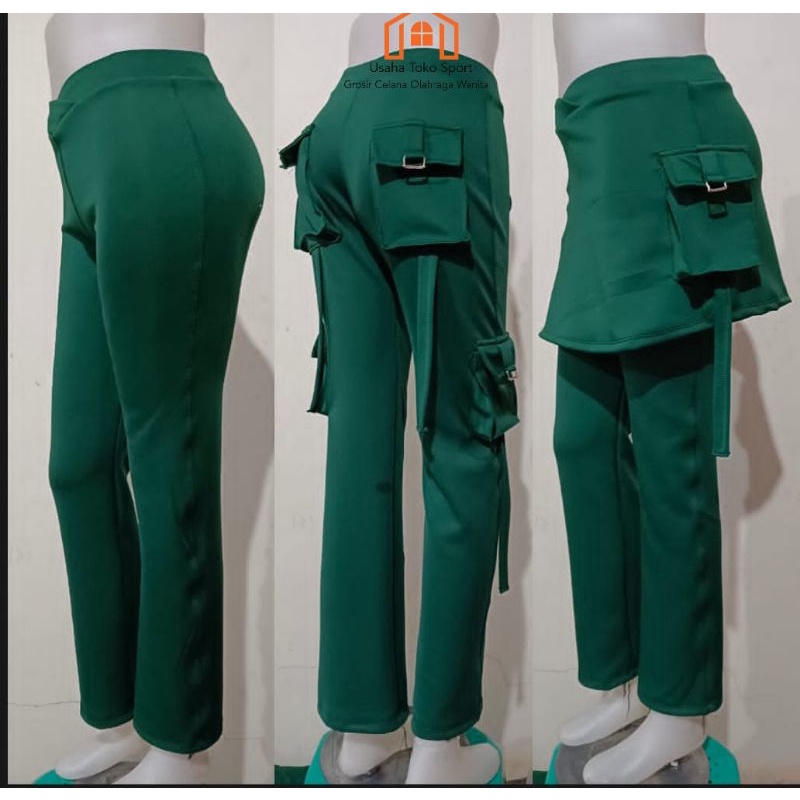 Celana Senam Wanita Celana Olahraga Wanita Celana Bersepeda Wanita Celana Rok 2 Saku Kantong Hijau B