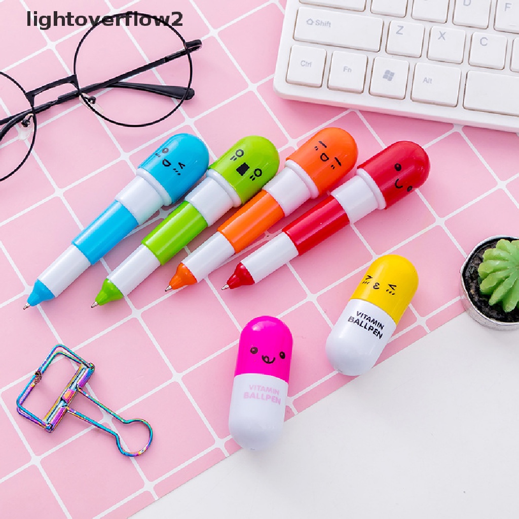 (lightoverflow2) 6pcs / Set Bolpen Teleskopik Bentuk Kapsul Motif Smiley Face Untuk Stationery