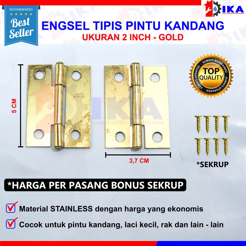 engsel stainles tahan karat 2 inch 2,5&quot; inch 3 inch tebal 0,9 mm engsel laci engsel kandang n lemari / Engsel plat tipis Gp (kuning) SN (Silver) gold plate 2 inch 2,5inch 3inch - ENGSEL KANDANG KOTAK LEMARI PETI