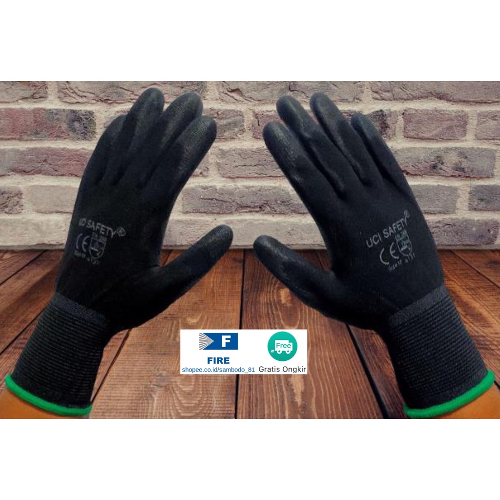 Sarung Tangan Uci Safety Motor Bengkel otomotif Bagunan Coating Karet Pengaman kerja Packing PU Statis Multitask Karet Palm Fit Ukuran S,M, L, XL Proyek Satpam Anti Slip