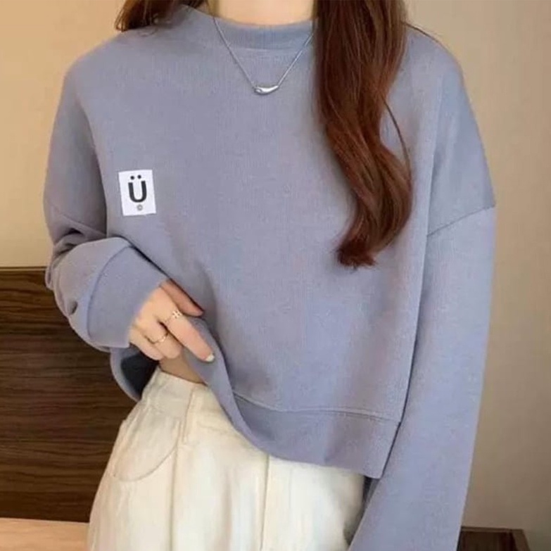 Sweater Crop Wanita Give U Smile  - Korean Sweatshirt Basic U Crope