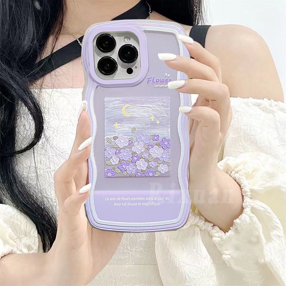 Soft Case Motif Lukisan Minyak Hati Bunga Ungu Untuk iPhone 11 13 12 14 Pro MAX 7 8 Plus 6 6s Plus XR 14 Plus X XS MAX