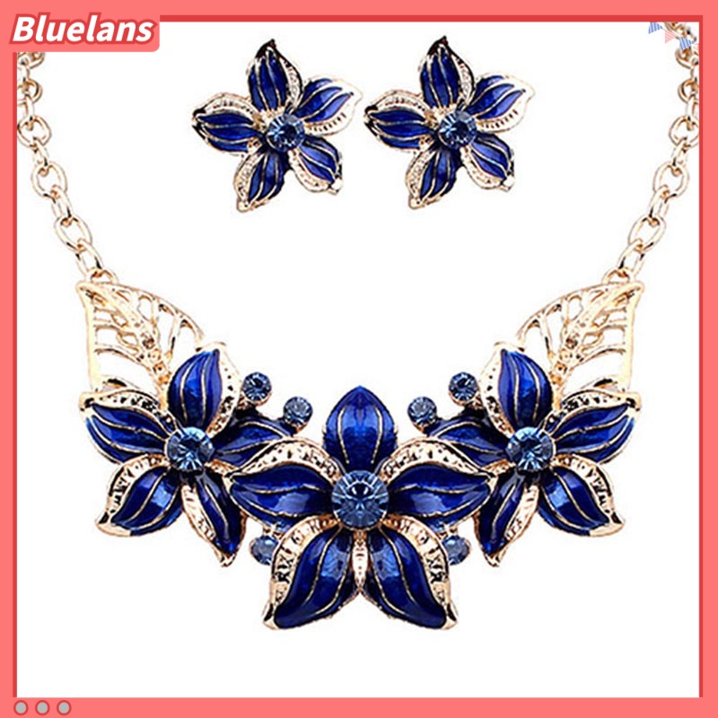 Bluelans Fashion Women Rhinestone Flower Statement Pendant Necklace Earrings Jewelry Set