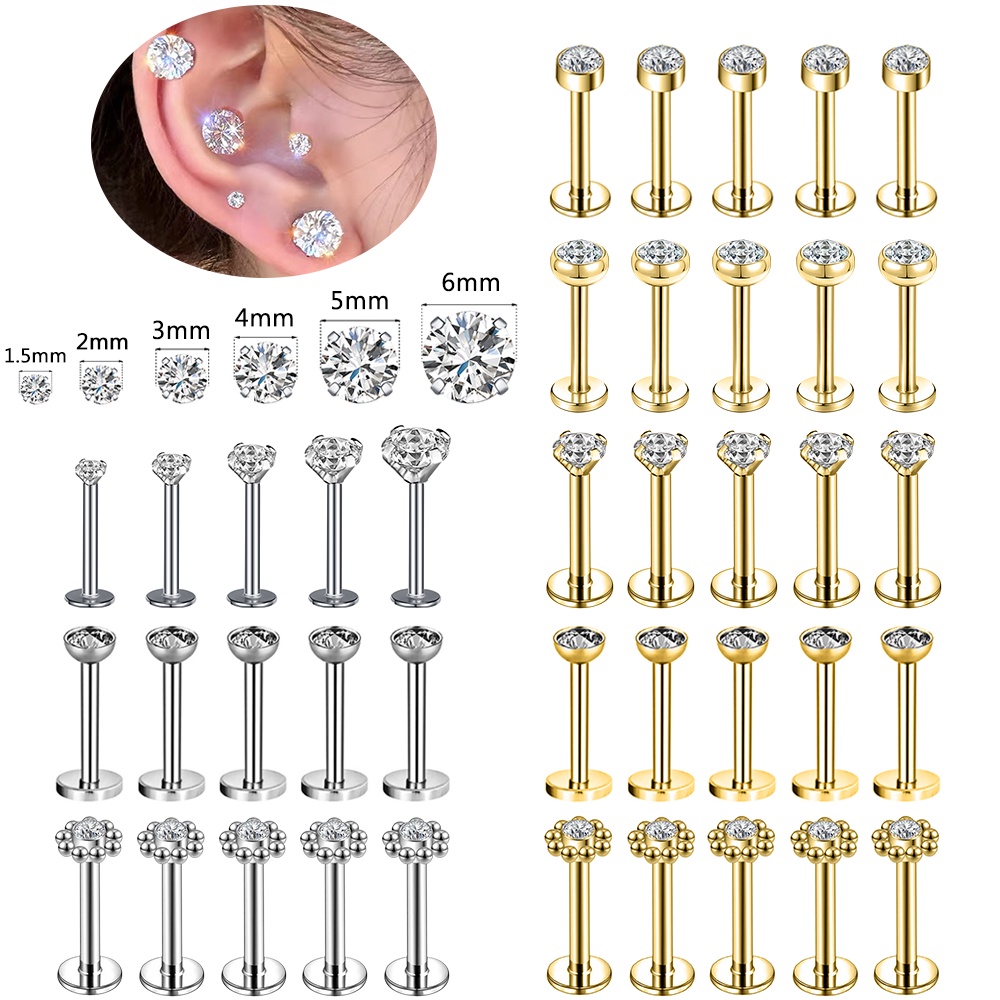 10-14pcs Anting Tindik Bibir / Tulang Rawan Telinga Bahan Stainless Steel Ukuran 1.5 / 2 / 3 / 4 / 5 / 6mm