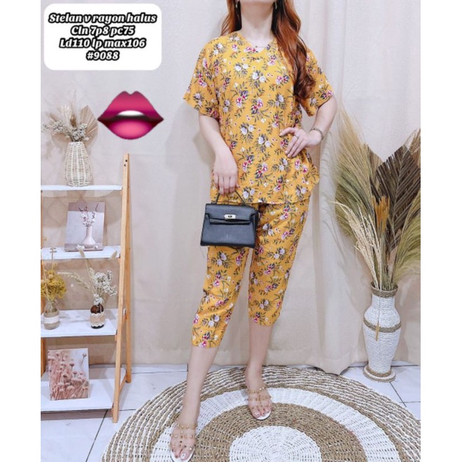 setelan katun rayon adem motif bunga  stelan katun rayon celana 7per8