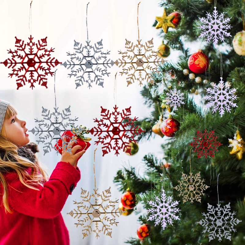 6pcs / Pak Ornamen Gantung Bentuk Snowflake Glitter Bahan Plastik Untuk Dekorasi Pohon Natal
