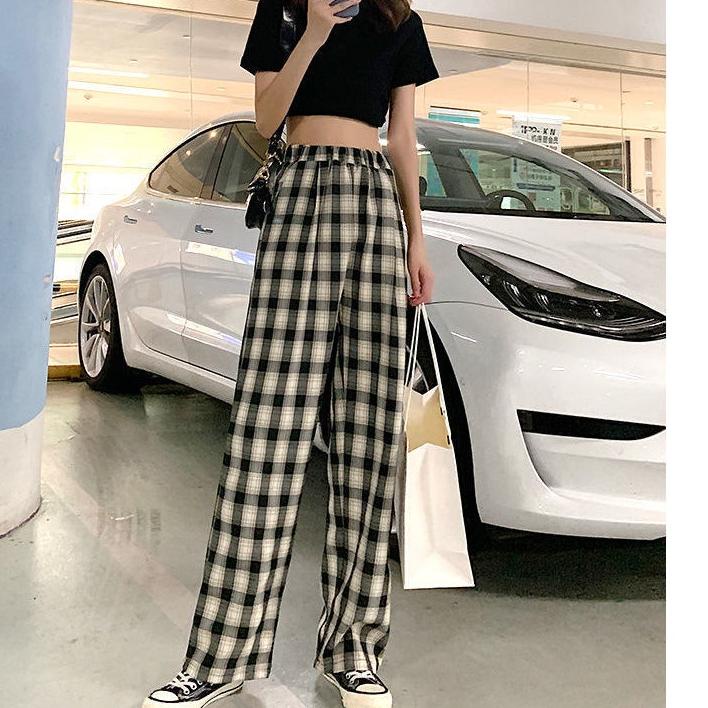 Recomended Celana Kotak Kotak Wanita Celana Highwaist Wanita Kulot Celana Korea Pinggang Elastis Cel