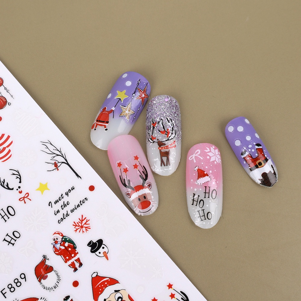 1 Lembar Stiker Kuku 3D Desain Kartun Snowflake Santa Claus Penguin Rusa Natal Untuk Dekorasi Nail Art