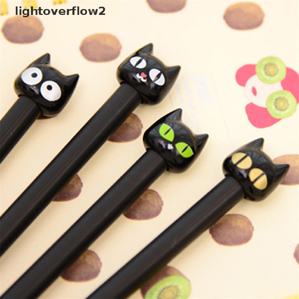 (lightoverflow2) 4pcs Pulpen Gel 0.5mm Bentuk Kucing Hitam Untuk Sekolah