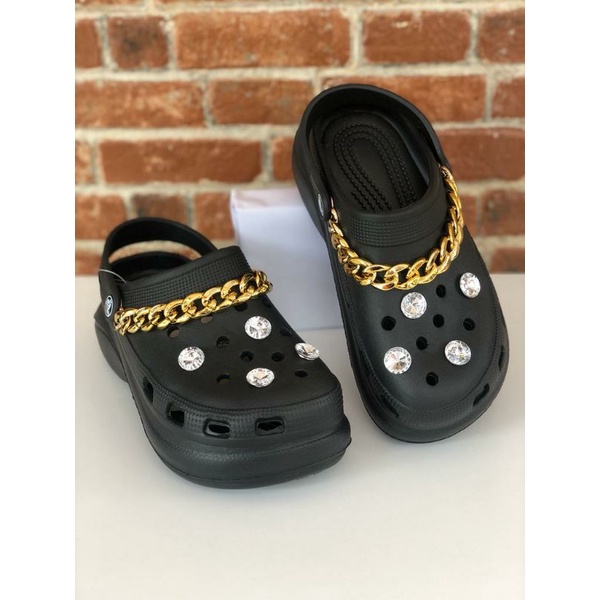 SEPATU FASHION CROCS BAE RANTAI GOLD 5cm FREE JIBBITZ DIAMOND