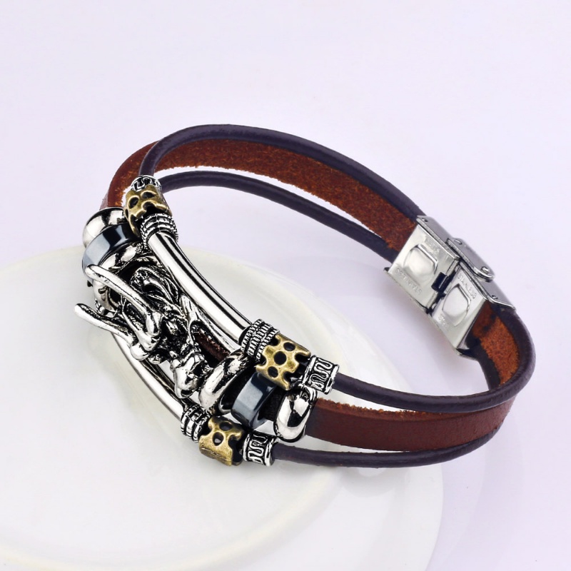 Gelang Kulit Bentuk Naga Bahan Stainless Steel Gaya Vintage Punk Untuk Pria