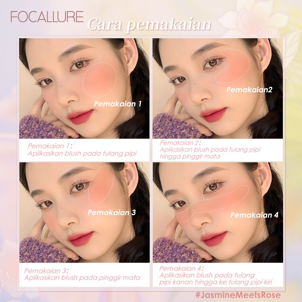 FOCALLURE #JasmineMeetsRose Blush High Pigmen Tahan Lama Bedak Untuk Wajah Make Up Cheek Lit Pressed Blusher On FA235