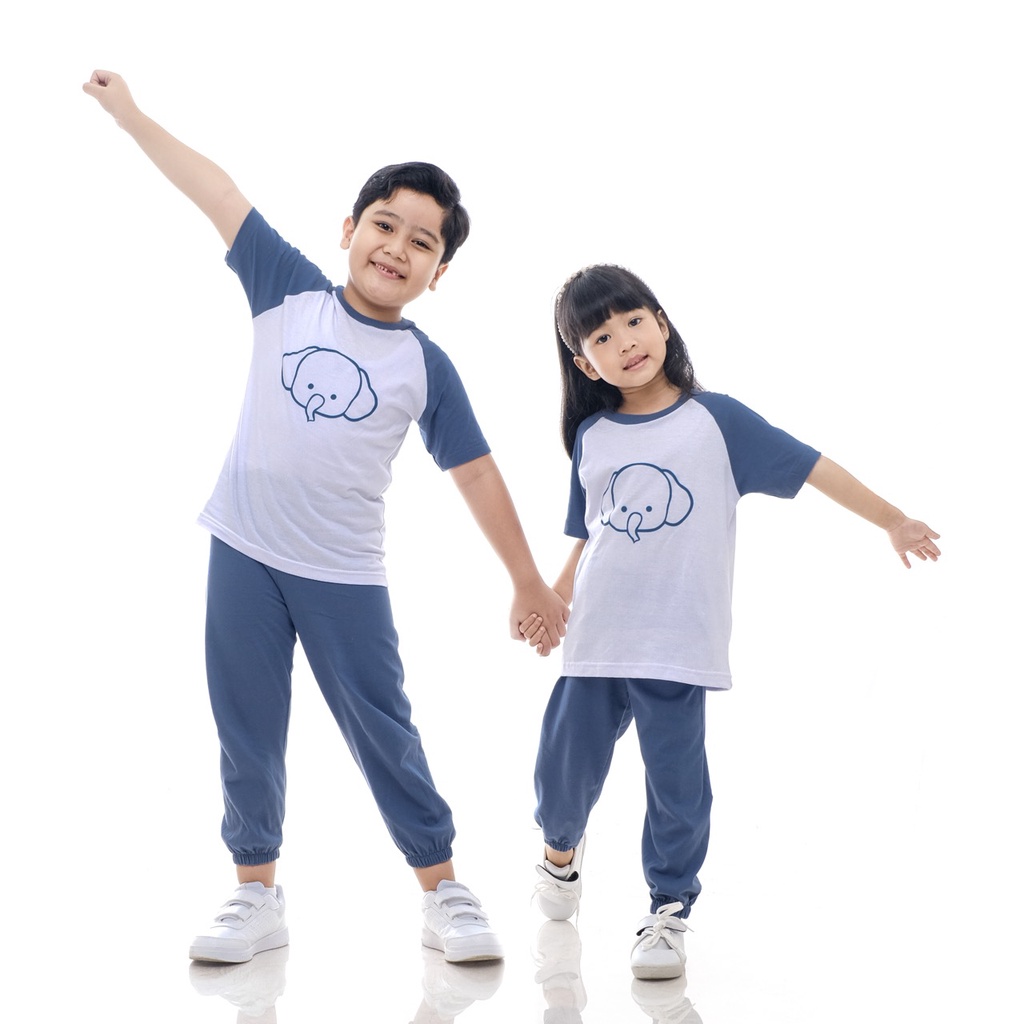 Setelan Kaos Playset Anak Setelan Joger Couple Baju Tidur Piyama Anak Raglan Unisex Celana Panjang Biru Elephant