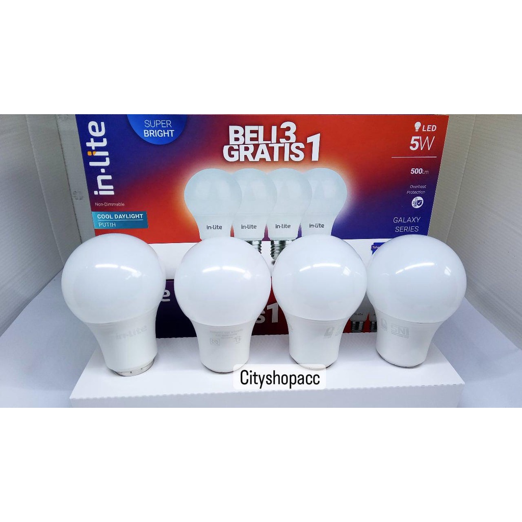 Lampu In-Lite Led Paket Inlite 5w Paket In lite Pack Beli 3 Gratis 1 Putih INB007 Led Bulb 5 Watt 5 W 5Watt