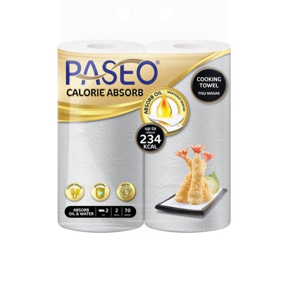 PASEO CALORIE ABSORBS COOKING TOWEL ROLL WHITE EMBOSS 70'S x 2 ROLLS