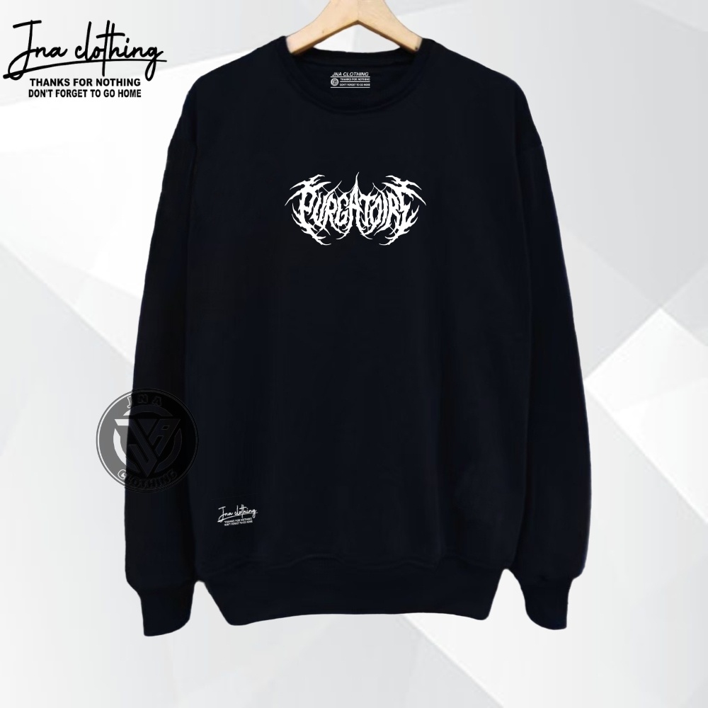 Sweater Hitam Pria Sablon Font Metal PURGATOIR Bahan Flece Tebal Lembut Masa Kini Crewneck CN Couple COWO CEWE Distro Bandung