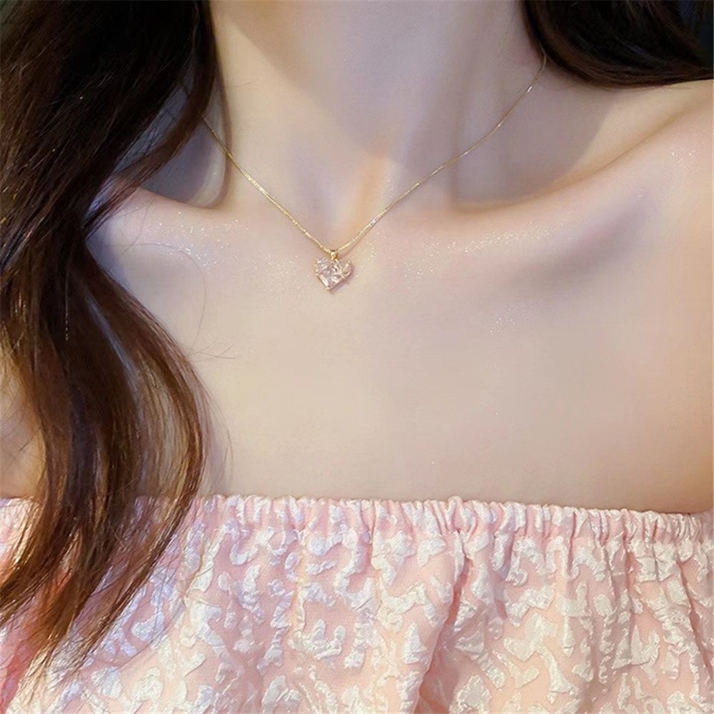 IFYOU Kalung Rantai Choker Liontin Hati Kristal Warna Pink Gaya Vintage Untuk Wanita