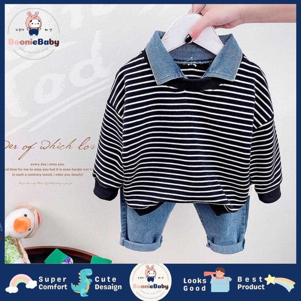 boonie COD setelan anak laki laki import setelan 3pcs kaos motif garis kemeja celana panjang anak laki laki fashion import by korea setelan baju cowok import baju kids pria fashion JEANS EDWARD