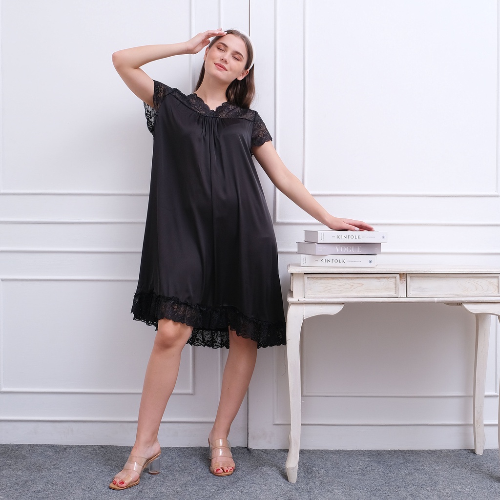 Ladybydiana NEW IRISH BLACK SLEEPWEAR Dress Wanita Baju Tidur Sexy Bahan Armany Silk Adem Nyaman Busui Friendly