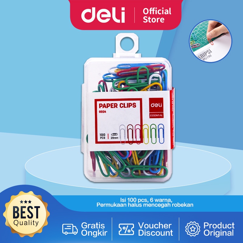 Deli Klip Kertas / Paper Clips / Kebutuhan Kantor - Multi Warna 29 mm E0024