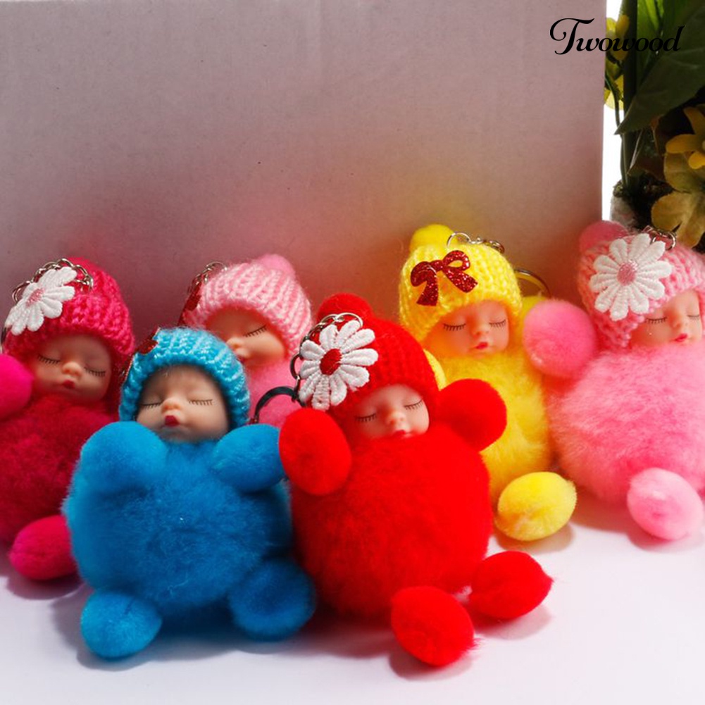 Twowood Gantungan Kunci Boneka Bayi Tidur Pompom Fluffy Hiasan Pita