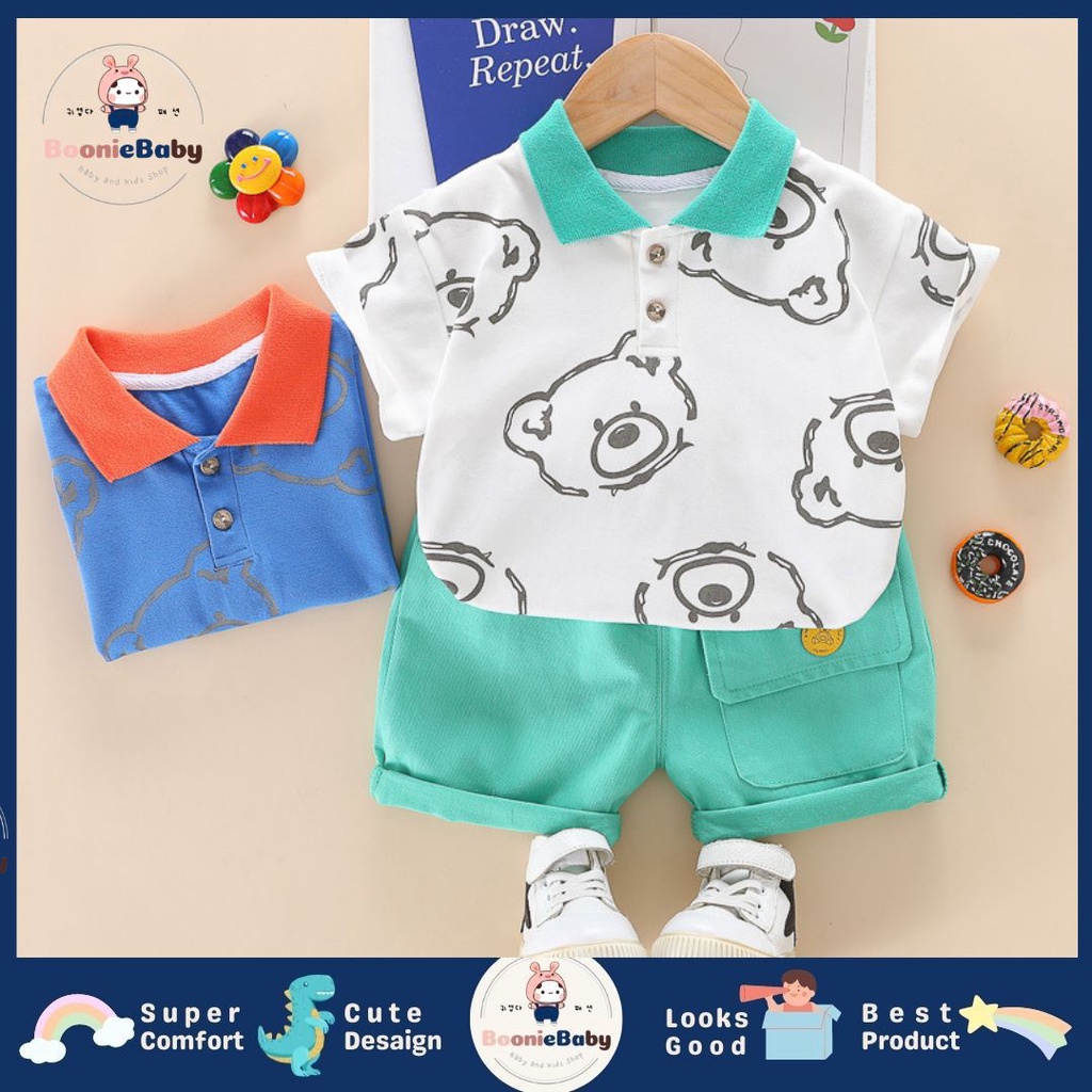 boonie COD setelan baju anak laki laki import motif beruang setelan anak laki import baju anak cowok import fashion anak laki laki impor motif PAPIBEAR GREEN white