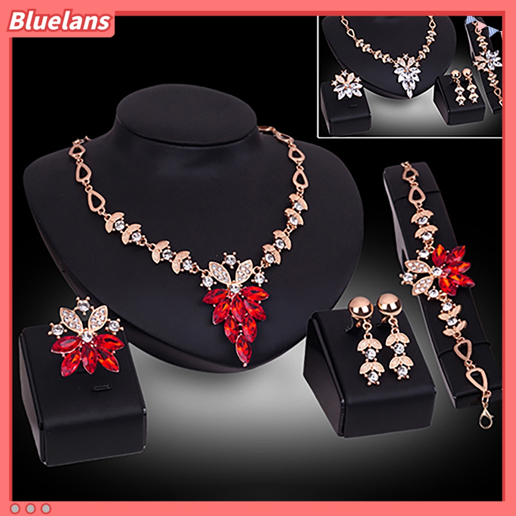 Bluelans 4Pcs Jewelry Set Flower Design Birthday Gift Durable Necklace Earrings Bracelet Ring Jewelry Set