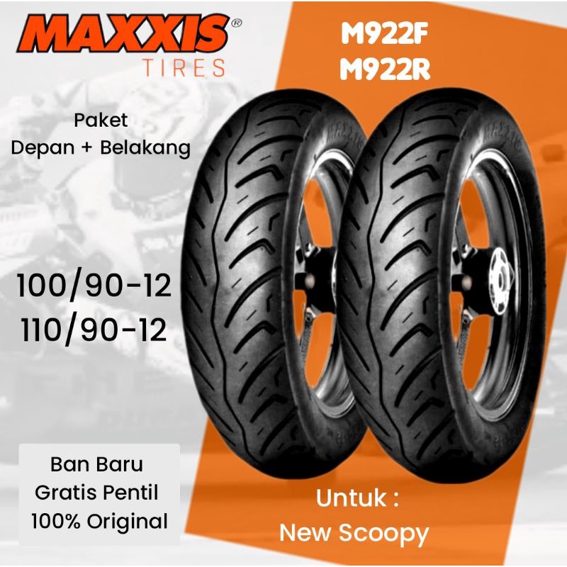 PAKET BAN TUBLES MAXXIS M922 100/90+110/90 RING 12 UNTUK NEW SCOOPY, BAN BARU, GRATIS PENTIL, 100% ORIGINAL