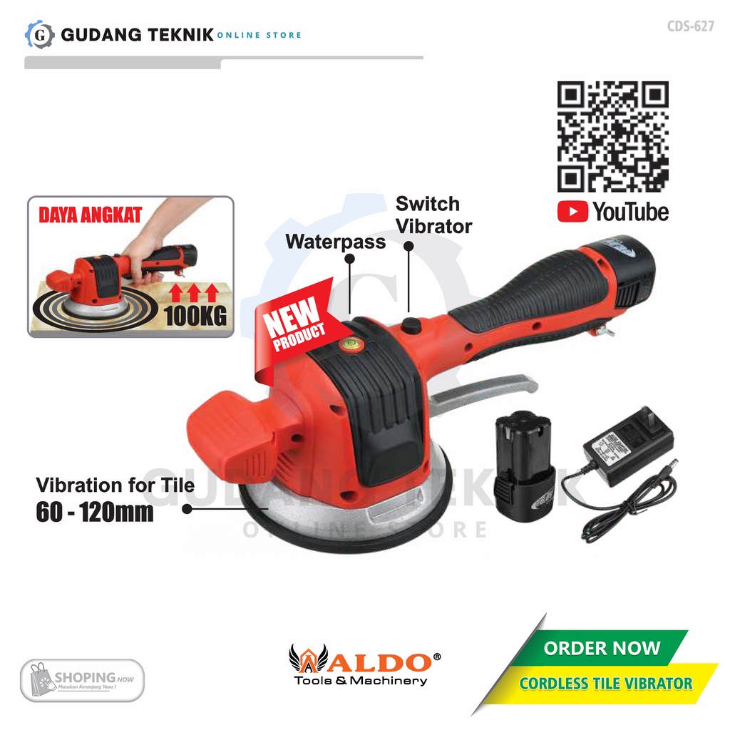 Mesin Cordless Getar Tile Vibrator 16.8V ALDO CDS-627 / Mesin Angkat Perata Keramik 100KG ALDO CDS627 - Cordless Electric Batrai ALDO CDS 627