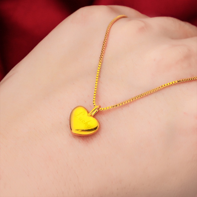 Goldkingdom Fashion Perhiasan Emas Asli Kadar 375 Bangkok Aksesoris Ready Stock Cinta Liontin Beruntung Wanita Peach Hati Riak Kalung Dengan Rantai Dipanjangkan