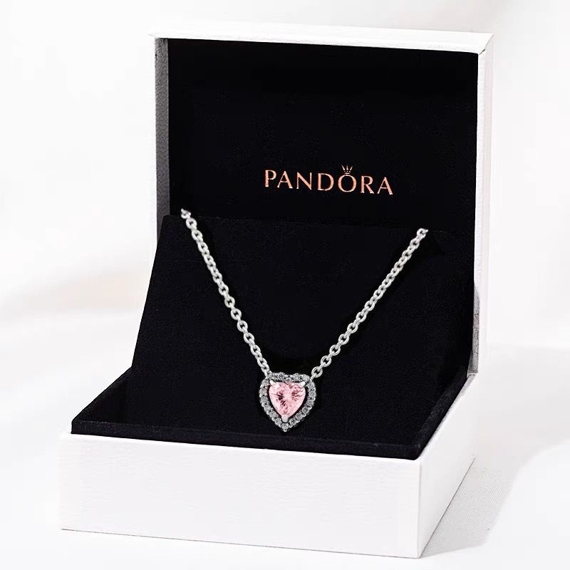 Pandora Kalung 925 Silver Dengan Liontin Bentuk Hati Aksen Kubik Zirkonia Warna Pink Untuk Wanita