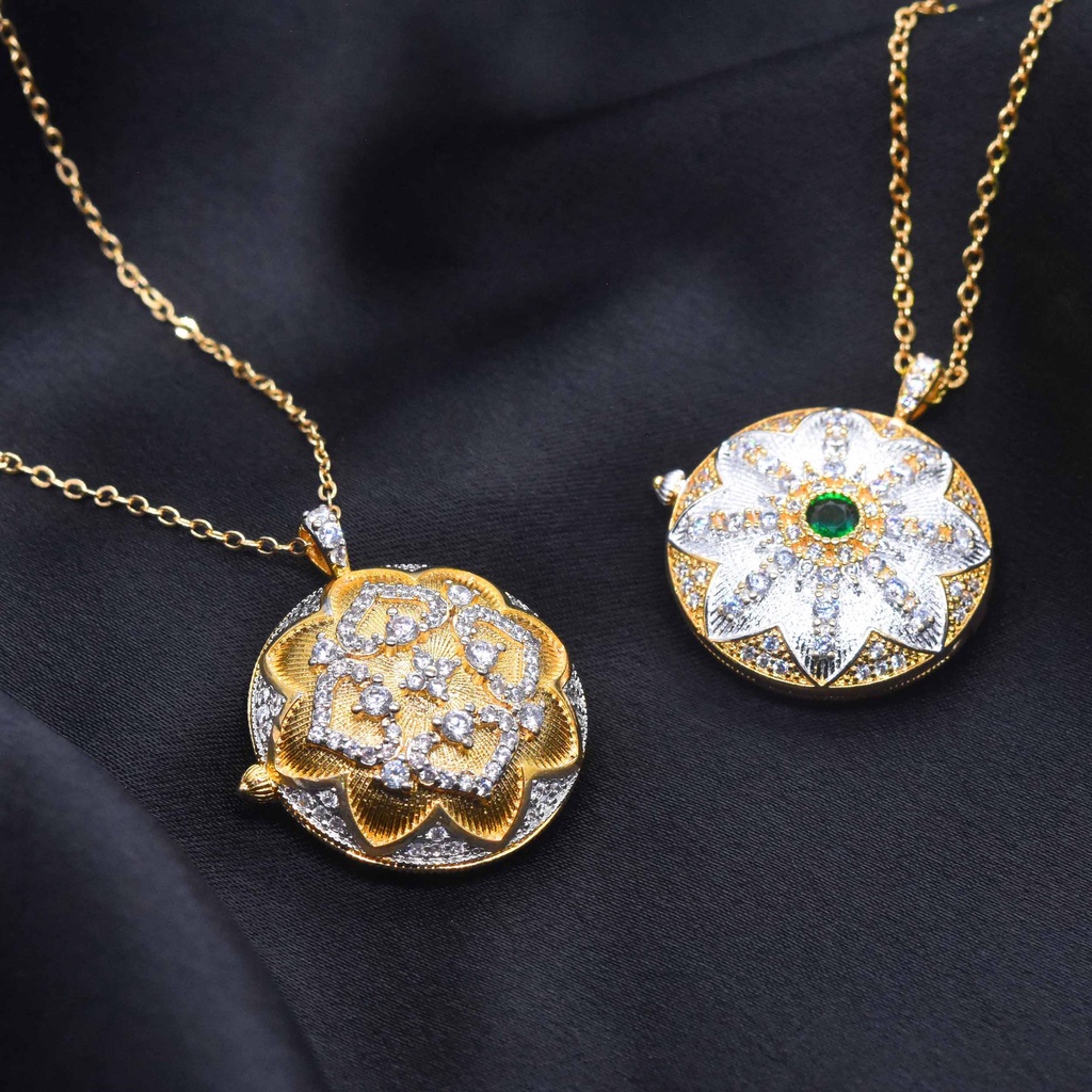 Goldkingdom Perhiasan Fashion Emas Asli Kadar 375 Bangkok Aksesoris Ready Stock Vintage Disc Bertatahkan Kalung Gilt Silver Zircon Rose Liontin Untuk Wanita